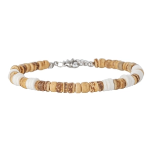 Bohemian herenarmband van kokosnootschaal en houten kralen met roestvrijstalen sluiting