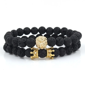 Set de pulseras para hombre de piedra de lava con león dorado y coronas