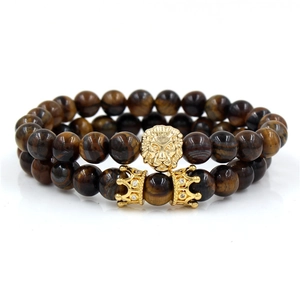 Set de pulseras para hombre de ojo de tigre con cabeza de león y coronas doradas