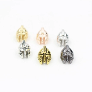 Detail of spartan helmet beads in six metal finishes for DIY jewelry making