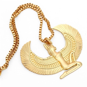 Punk hip-hop necklace with golden Egyptian Goddess Isis pendant on a white background