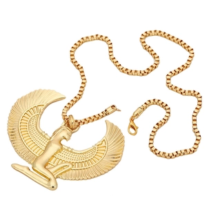 Golden Ancient Egyptian Isis pendant necklace with detailed wings on a box chain for men