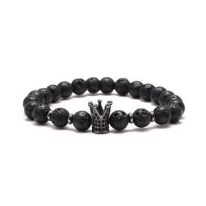 Natural Lava Stone Crown Bracelet Men Women Micro Pave Zirconia Alloy Bead Elastic Hand Chain Punk Rock Jewelry Gift