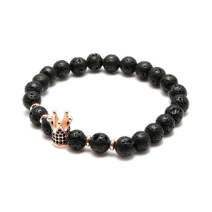 Handmade black lava stone beaded crown bracelet with rose gold zircon accents