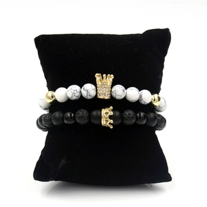 Crown beaded bracelet set with white marble stone and black lava rock for couples