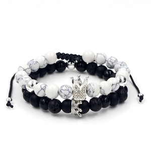 Fashionable white howlite and black lava stone crown bead bracelet set for men and women