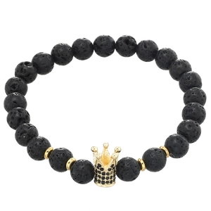Natural lava rock bead bracelet featuring a gold crown charm with micro-pave black zircons