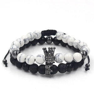 White turquoise and black lava stone bead bracelet set with micro-pave crown charms