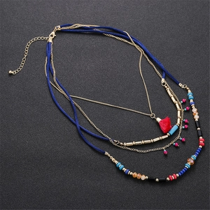Bohemian multi-layer necklace with blue velvet cord, gold chains, and colorful beads