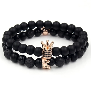 Matte agate and lava stone beaded bracelet set with rose gold crown charms for couples