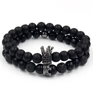 Couples crown bracelet set with matte black beads and porous volcanic stone textures