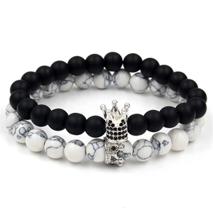 Couples crown bracelet set with matte black beads and white marble turquoise stones