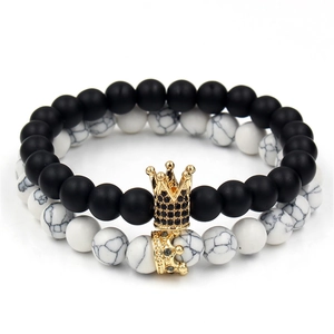 Beaded Bracelet For Couples Matte Black Stone White Turquoise Alloy Zirconia Crown Elastic Strand Fashion Jewelry Accessories