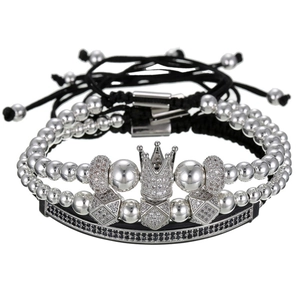 3-delige gelaagde armbandset voor heren met micro-pave kroon, geometrische kralen en zirkonia