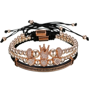 Driedelige roségouden armbandset met kroon, zirkonia kralen en zwarte gevlochten details