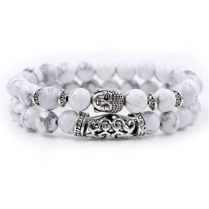 White turquoise beaded bracelet set with silver Buddha head and textured tube beads
