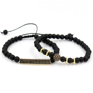 Men's 2-piece set of 8mm matte black bead bracelets with gold pavé crystal accents
