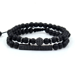 Men Matte Black Agate Beaded Bracelet Set Adjustable Woven Cord Alloy Rhinestone Ball Bar Charm Fashion Jewelry Gift