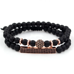 6mm matte black onyx bead bracelet set with rose gold pave crystal ball and bar
