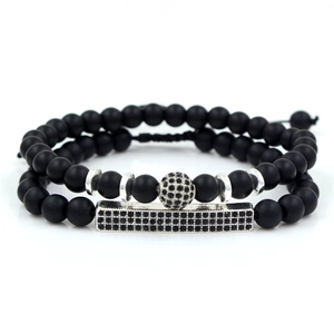 Two-piece men's bracelet set with 6mm matte black onyx beads and rhinestone pavé charms