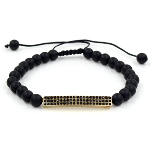 6mm matte black onyx beaded bracelet with gold pave rhinestone bar and adjustable cord