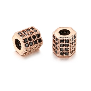 Rose gold hexagonal charm bead with black zircon pave setting for DIY jewelry making