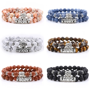 Buddha Head Natural Stone Beads Bracelet Set Ethnic Bohemian Alloy Hollow Tube Elastic Hand Chain For Men Women Jewelry