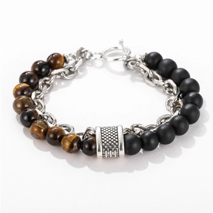 Pulsera de hombre punk de doble capa con piedras mate, ojo de tigre y cadena de eslabones