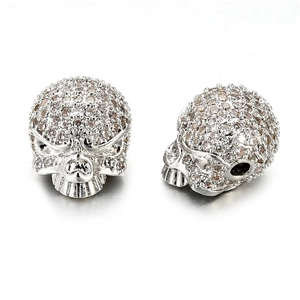 Silver skull bead charm with pavé cubic zirconia for DIY jewelry making