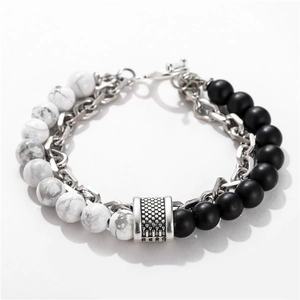 Pulsera punk para hombre con cuentas de mármol blanco, piedra negra mate y cadena plateada