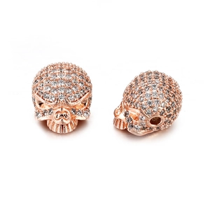 Retro rose gold skull bead with zircon inlay for DIY bracelet and necklace jewelry