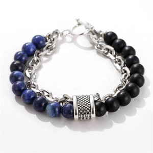 Pulsera punk para hombre con cuentas de piedra azul y cadena de eslabones plata antigua
