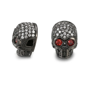 Gunmetal skull bead with white zircon inlay and red gemstone eyes for DIY jewelry