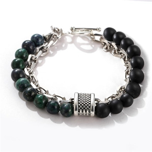 Pulsera para hombre estilo punk con cuentas de piedra mate y cadena de eslabones plateados