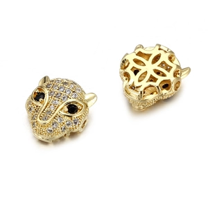 Golden leopard head bead with cubic zirconia stones for DIY jewelry making