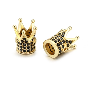 Handmade gold crown spacer beads with black zircon inlay for DIY bracelet jewelry