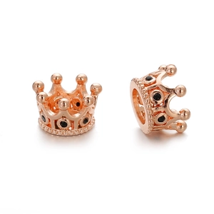 Rose gold micro-paved crown charm bead for DIY bracelets and necklaces with black stones