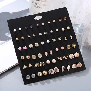 Detail of multi-style earring set featuring pearls and crystals on black display card