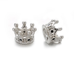 Silver crown spacer beads with black cubic zirconia for DIY jewelry making and bracelets