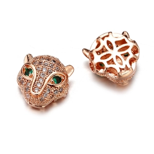Rose gold leopard head bead with green zircon eyes and clear crystal pavé setting