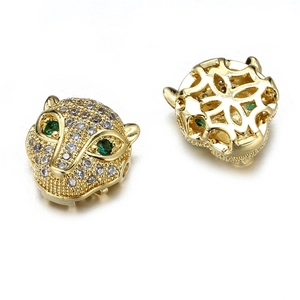 Golden leopard head charm with green eyes and white cubic zirconia pave setting