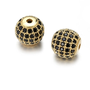 Golden 10mm round bead with paved black cubic zirconia for DIY jewelry making