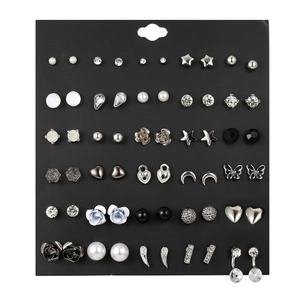 30-pair fashion earring set with silver and black studs featuring pearls and crystals