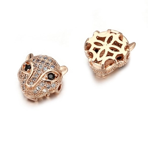 Rose gold leopard head charm with white zircon pavé and black gemstone eyes