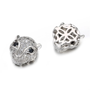 Silver leopard head jewelry beads with cubic zirconia pave and black gemstone eyes