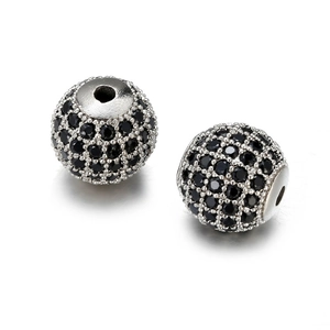 Silver copper beads with paved black zircon stones for DIY necklace and bracelet jewelry