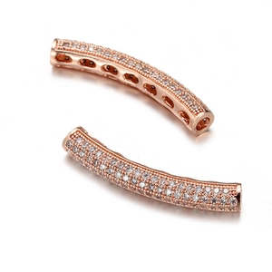 Rose gold curved tube spacer beads with cubic zirconia pavé for jewelry making