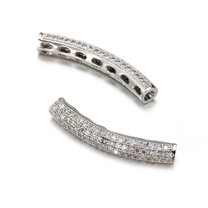 Silver curved jewelry spacer bead with micro-paved cubic zirconia and hollow design