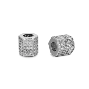 Silver hexagonal spacer beads with micro-set cubic zirconia for DIY jewelry making
