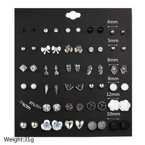 Macro view of a 30-pair earring set featuring pearls and rhinestones on card